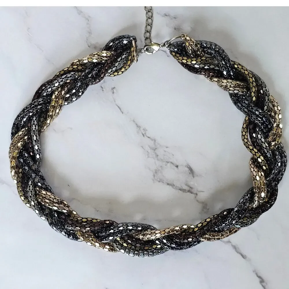 Vtg Herringbone Collar Necklace Tri Color Braided Metal 1980s